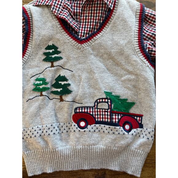 TFW Boys 2T 2-Piece Set Red Long Button Shirt Knit Vest Christmas Truck - Picture 3 of 6